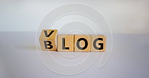 Blog or Vlog. Turned a cube and changed the expression `BLOG` to `VLOG` or vice versa. Beautiful white background. Business an