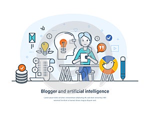 Blogger and artificial intelligence innovative technology for content strategy development. AI-empowered tools to create content.