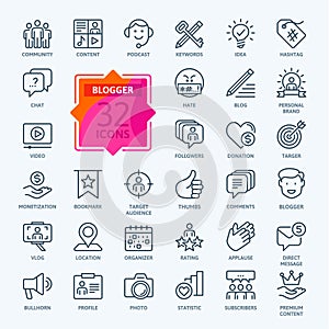 Blogger, blogging, blog -  thin line web icon set. Outline icons collection.