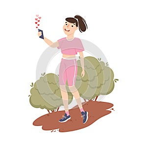 Blogger Girl Streaming Online from Smartphone white Jogging in Park, Blogging, Social Media Networking Concept Cartoon