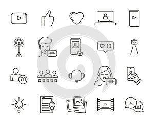 Blogger icons. Video Blogging. Simple Set Vector Line Icons.