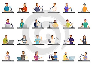Blogger interview icons set cartoon vector. Network live