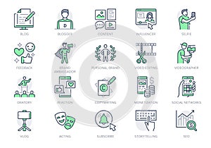 Blogger line icons. Vector illustration included icon as blog monetization, video editing, personal brand, copywriting