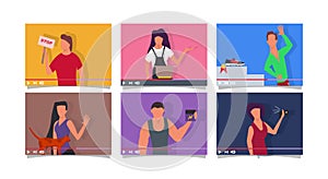 Blogger people on screen vlog vector flat illustration concept online video. Business internet communication social media. Digital