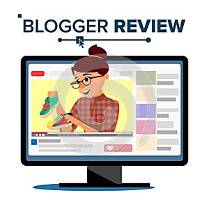 Blogger Review Concept Vetor. Popular Young Video Streamer Blogger Girl, Woman. Fashion Blog. Live Broadcast. Online