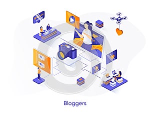 Bloggers isometric web banner. Content production for social media isometry concept. Online video streaming 3d scene, podcast