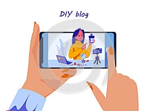 Bloggers live streaming. DIY blog. Hand holding smartphone. Hobby video. Woman showing handiwork. Blogging content