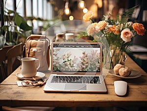 Bloggers workspace with laptop camera and notes