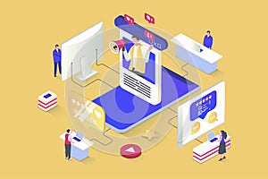 Blogging concept in 3d isometric design. Blogger creating new content in social media, posting and sharing to followers, makes