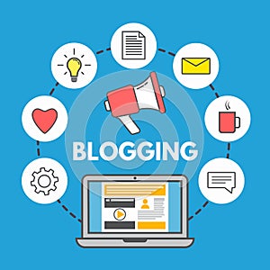 Blogging concept on blue background. Laptop and social media icons. Linear style design. Web sharing concept. Trendy vector illust