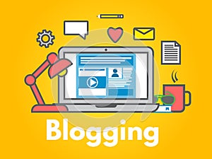 Blogging concept on yellow background. Laptop with icons. Social media sharing. Blog post flat line style. Business design. Trendy