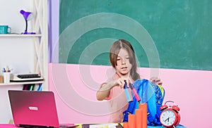Blogging hobby. Study programming web design. Programming courses. Girl laptop computer. Little child using notebook