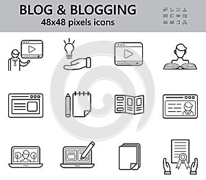 Blogging icons set. Universal writer, copy writing icon to use in web and mobile UI. 48x48 Pixel Perfect. You-tuber and