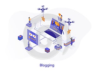 Blogging isometric web banner. Multimedia content publishing online isometry concept. Personal video production 3d scene, blogging