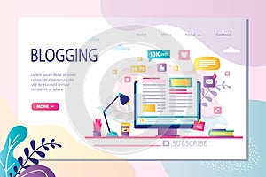 Blogging landing page template. Content development for online news, blogs and website, copywriting concept