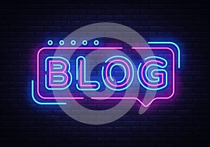 Blogging neon text vector design template. Blog neon logo, light banner design element colorful modern design trend photo