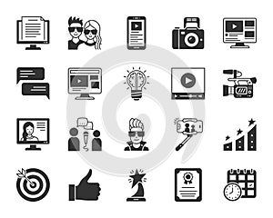 Blogging Online black silhouette icons vector set