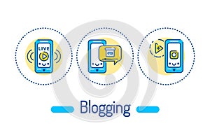 Blogging outline concept. Video content line color icons. Pictograms for web page, mobile app, promo.