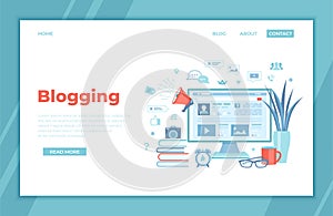 Blogging Posting Education Writing Internet Blog Content-strategy, text, title, photo, video. Monitor with web page, infographics,