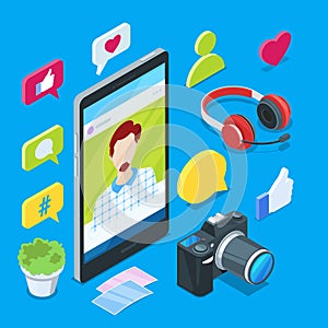 Blogging and social media content creation. Photo or video blog vector 3d isometric icons. Internet business concept