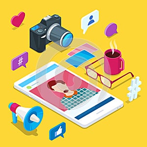 Blogging and social media content creation. Photo or video blog vector 3d isometric icons. Internet business concept