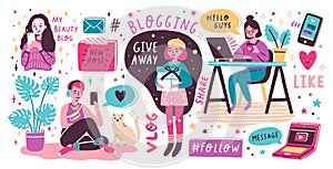 Blogging and vlogging set. Cute funny girls or bloggers creating content and posting it on social media, blog or vlog