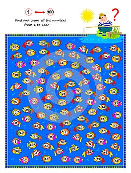 BLogic puzzle game for children and adults. Find and count all the numbers from 1 to 100. Task for attentiveness.