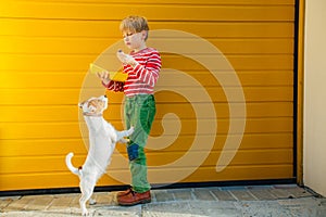 Blond baby boy with lunch box with some food playing, training with his dog