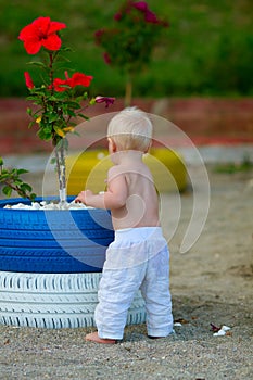 Blond baby on the beach with Hibiscus