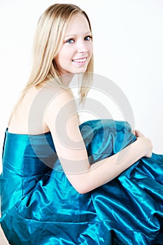 Blond in blue prom dress