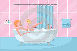 Blond Bob haircut girl in bathtub with washcloth in her hand. Bathroom interior with curtain, tile. Woman taking a bubble bath.