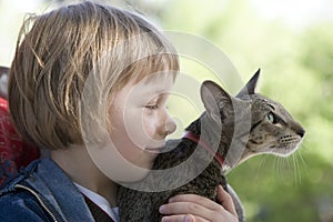 Blond boy with oriental bred cat