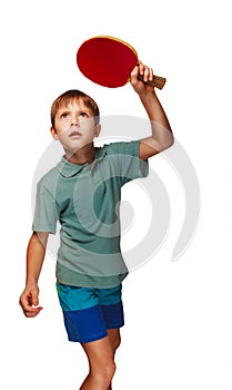Blond boy playing table tennis forehand topspin photo