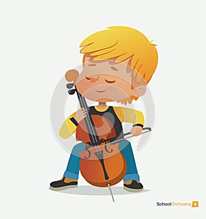 Blond Boy Sit on Chair Play Contrabass with Joy