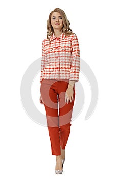 Blond business woman with long hair in summe rcasual red checkered jacket trousers high heels stiletto shoes full body photo