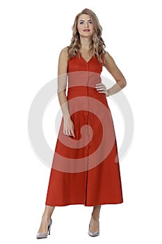 Blond business woman in summer red dress and stiletto high heels shoes full body photo