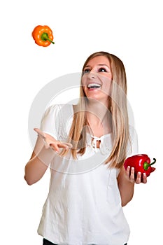 Blond caucasiam woman holding fruit