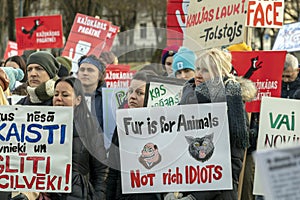 Blond caucasian woman hold no sign in her hand in the crowd of activists at Animal Advocacy protest