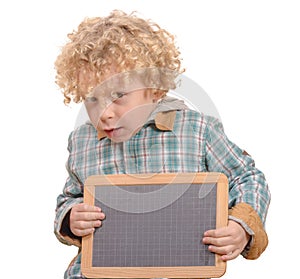 Blond child with empty slate to put words on a
