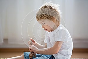 Blond child, toddler boy, playing with plastic animal toys at home