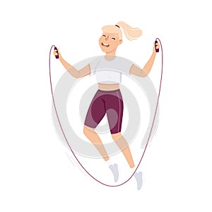 Blond Female in Sportswear at Gym Skipping or Jumping Rope Doing Physical Exercise and Workout Vector Illustration