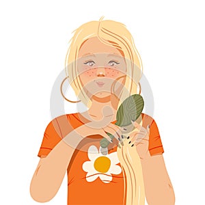 Blond Freckled Girl Brushing Her Hair Vector Illustration