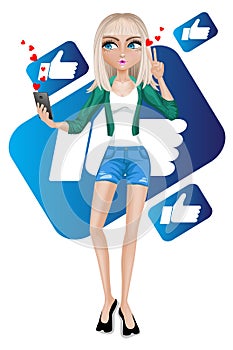 Blond girl with blue eyes taking selfie on mobile phone for social network.