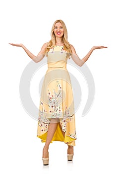 Blond girl in charming dress with flower prints