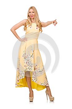 Blond girl in charming dress with flower prints