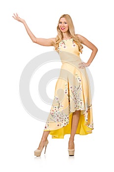 Blond girl in charming dress with flower prints