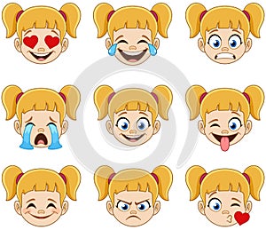 Blond girl face with blue eyes emoji expressions