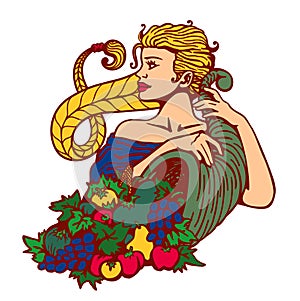 Blond girl hair in plait holding cornucopia with fruits and vegetables, harvest season illustration