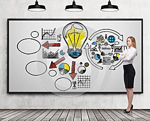 Blond girl near whiteboard with business icons