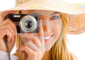 Blond girl portrait with camera